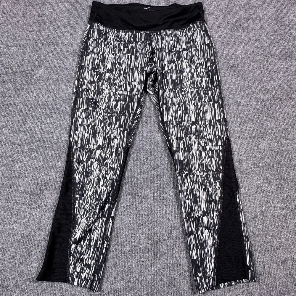 Nike Dri-FIT Running Leggings Womens Small Black White Abstract Mesh Crop‎